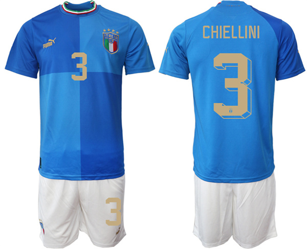 Men's Italy #3 Chiellini Blue Home Soccer Jersey Suit